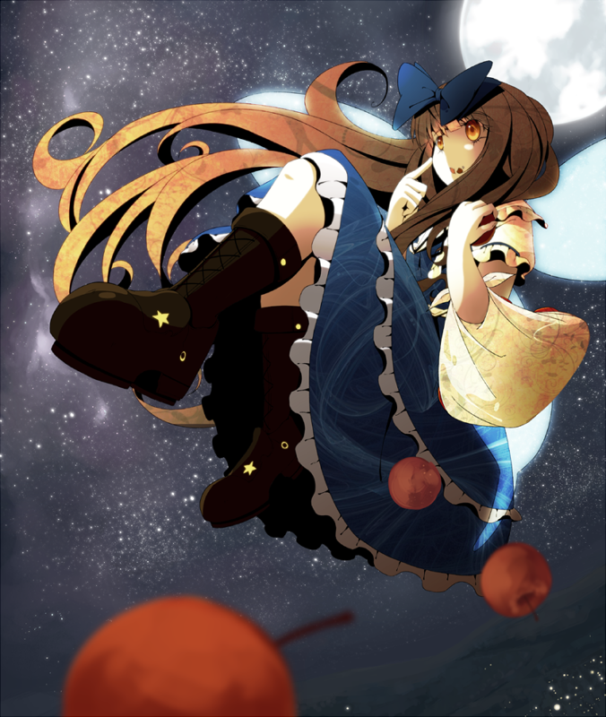apple, boots, brown_hair, cross-laced_footwear, dress, food, fruit, hair_ornament