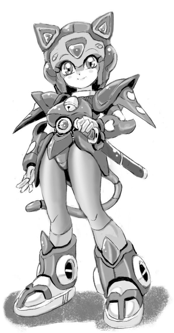 animal_ears, animal_helmet, armor, bell, bell_collar, bodysuit, cat_ears, cat_tail, collar, helmet, kyatto_ninden_teyandee, mecha_musume, monochrome, no_humans, pantyhose, pauldrons, pururun, sheath, sheathed, slender_waist, smile, solo, sword, tail, takeshi_aono, weapon