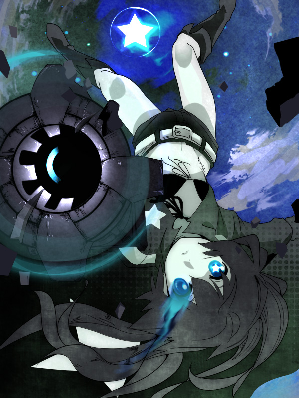 arm_cannon, belt, bikini_top, black_hair, black_rock_shooter, black_rock_shooter_(character), blue_eyes, boots