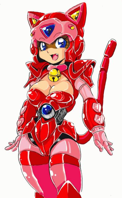 animal_ears, animal_helmet, armor, bell, bell_collar, blue_eyes, bodysuit, boots, breasts, cat_ears, cat_tail, collar, eyelashes, fang, helmet, kyatto_ninden_teyandee, large_breasts, mecha_musume, no_humans, pururun, slender_waist, solo, tail, takeshi_aono, thigh-highs, thigh_boots, thighhighs