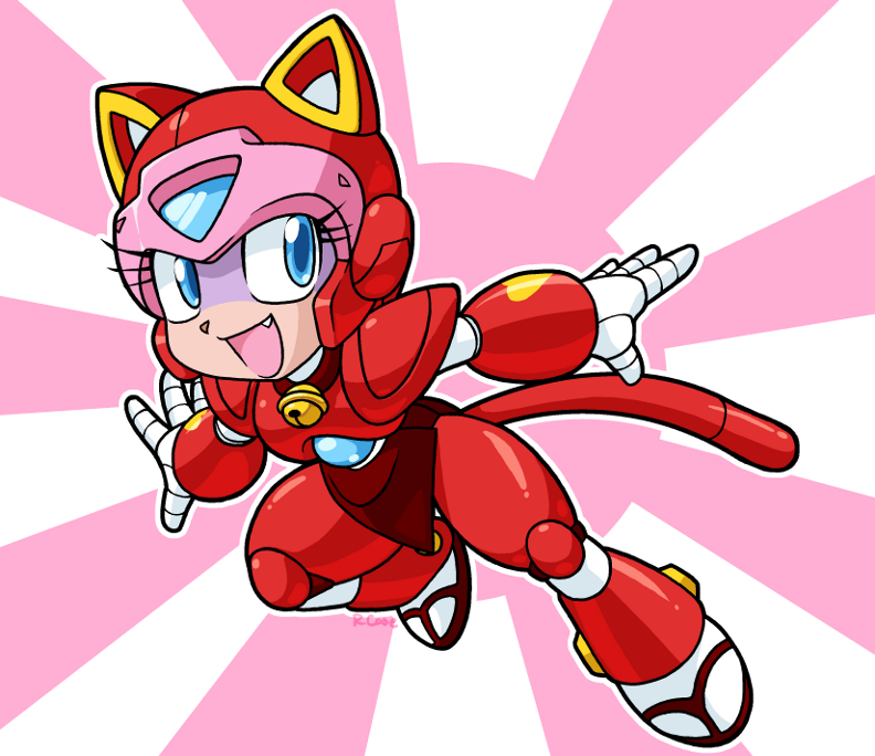 animal_ears, animal_helmet, armor, blue_eyes, cat_ears, cat_tail, eyelashes, fang, helmet, kyatto_ninden_teyandee, mecha_musume, no_humans, pururun, rings1234, rising_sun, solo, tail