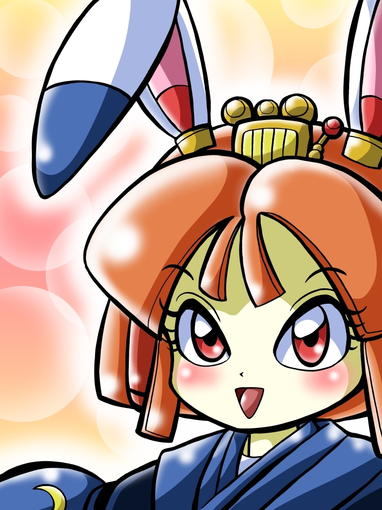 animal_ears, bunny_ears, bust, hair_ornament, japanese_clothes, kimono, kyatto_ninden_teyandee, menjou, orange_hair, rabbit_ears, red_eyes, short_hair, solo, tokugawa_usako, usa_hime