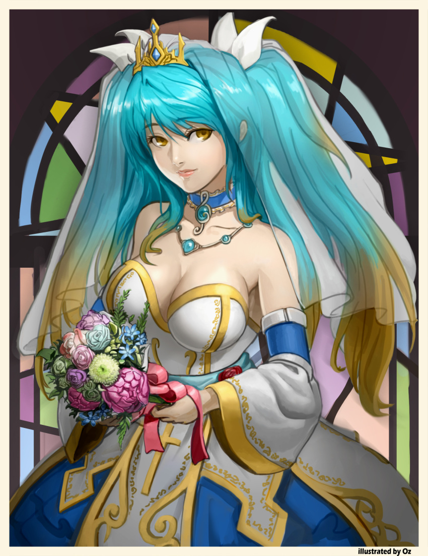 bare_shoulders, blonde_hair, blue_hair, bouquet, breasts, bridal_veil, choker, cleavage, detached_sleeves, dress, flower, gradient_hair, highres, jewelry, large_breasts, league_of_legends, lipstick, long_hair, makeup, multicolored_hair, necklace, oz_(gerbera7), ribbon, solo, sona_buvelle, stained_glass, tiara, veil, wedding_dress, yellow_eyes