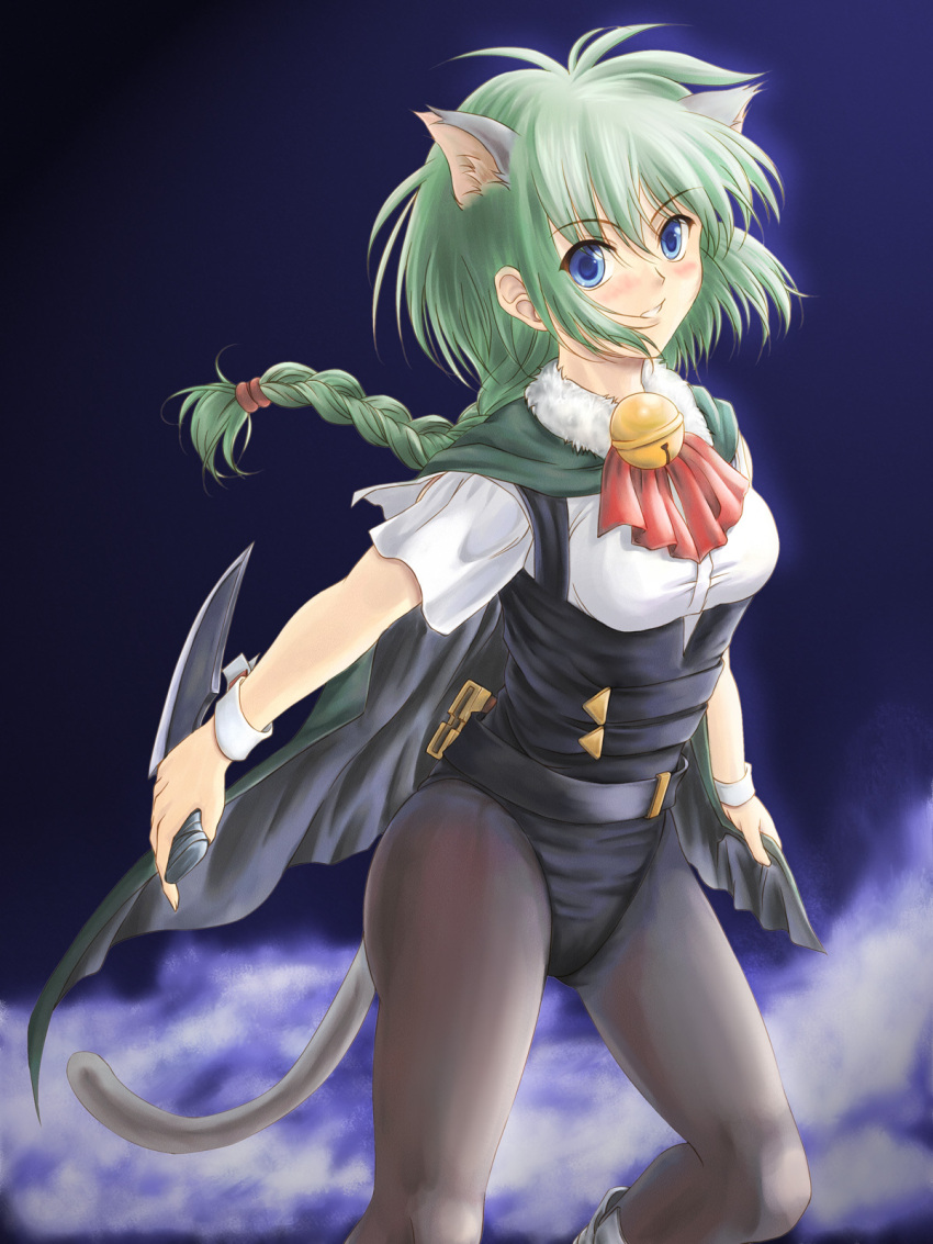 animal_ears, bell, blue_background, blue_eyes, blush, braid, cape, cat_ears
