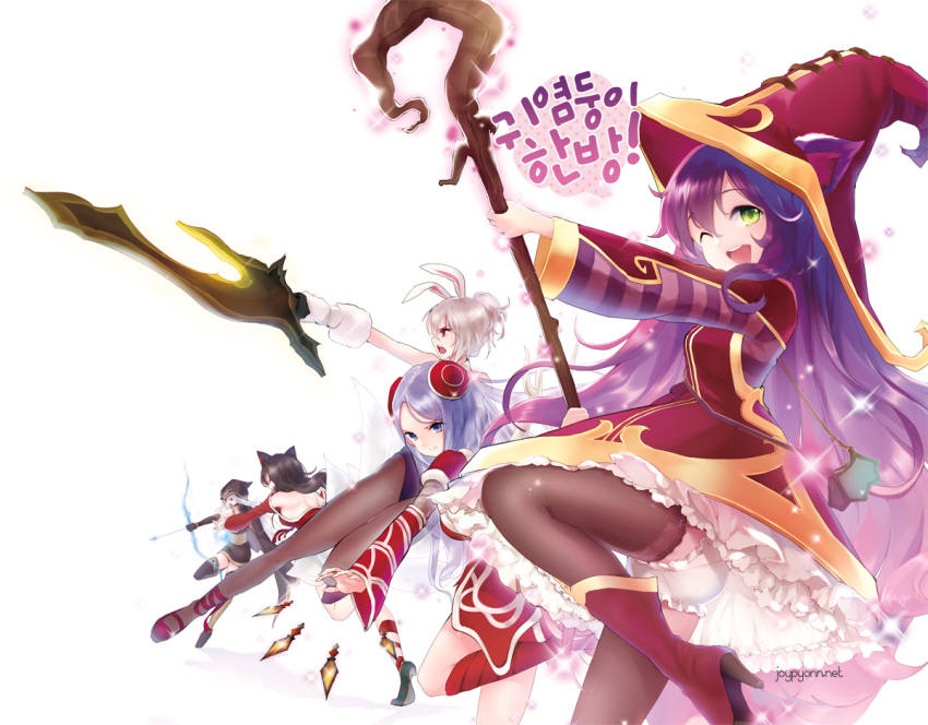 :d, ahri, alternate_costume, animal_ears, arrow, ashe_(league_of_legends), bad_id, bag, bare_shoulders, blade, bloomers, blue_eyes, boots, bow_(weapon), brown_hair, bunny_ears, bunnysuit, cape, detached_sleeves, dress, elune_(artist), female, fox_ears, fox_tail, frilled_dress, frills, green_eyes, hair_ornament, hat, high_heels, hood, irelia, joypyonn, korean, league_of_legends, long_hair, lulu_(league_of_legends), multiple_girls, multiple_tails, open_mouth, panties, pantyhose, pantyshot, purple_hair, purse, rabbit_ears, riven_(league_of_legends), shoes, short_hair, silver_hair, simple_background, skirt, smile, sparkle, staff, tail, thigh-highs, thighhighs, translation_request, underwear, weapon, white_background, wink, witch_hat