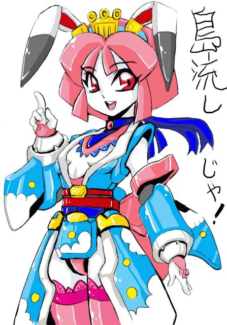 adapted_costume, animal_ears, buck_teeth, bunny_ears, detached_sleeves, female, hair_ornament, japanese_clothes