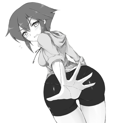 blush, breasts, looking_at_viewer, looking_back, mechazinaida, nukumizu_chiyo, power_pro_kun_pocket, power_pro_kun_pocket_9, short_hair, simple_background, solo, white_background