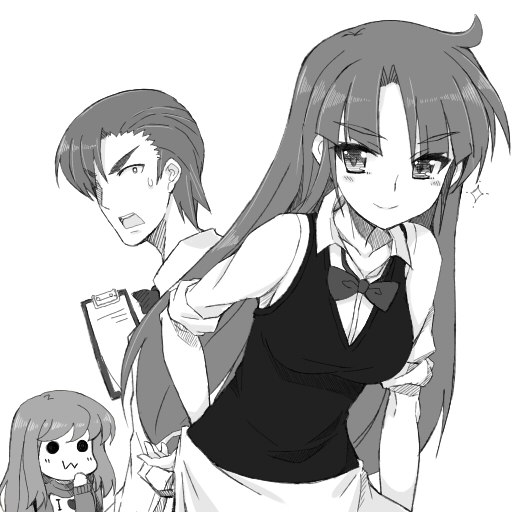 andou_ryouichi, kiryuu_kana, long_hair, mechazinaida, monochrome, nanatsuji_himeko, power_pro_kun_pocket, power_pro_kun_pocket_9, short_hair, simple_background, smile, solid_circle_eyes, very_long_hair, what_if, white_background, young