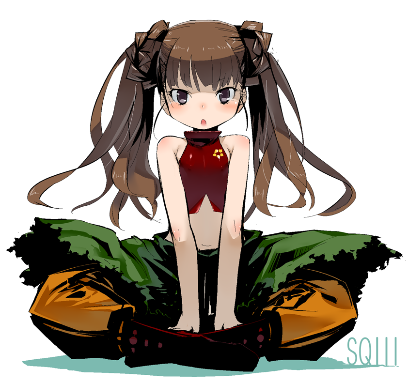 bare_shoulders, blush, brown_hair, child, datsuryokugen, indian_style, long_hair, midriff