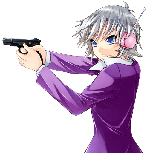 blue_eyes, cz-75, grey_hair, gun, handgun, headphones, headset, mechazinaida