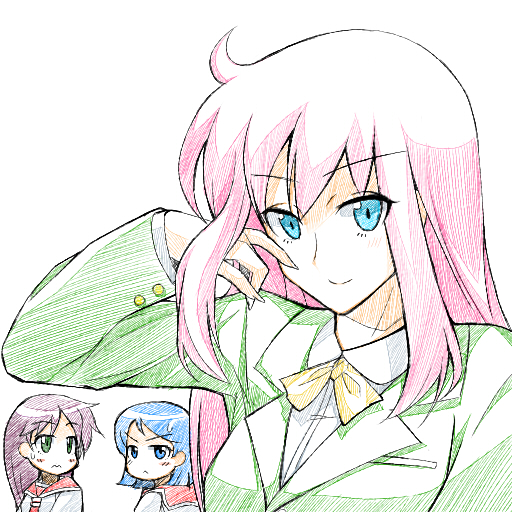 blue_eyes, blue_hair, extra, green_eyes, long_hair, looking_at_viewer, mechazinaida, mimuro_wakana, multiple_girls, pink_hair, power_pro_kun_pocket, power_pro_kun_pocket_10, power_pro_kun_pocket_13, purple_hair, school_uniform, serafuku, short_hair, simple_background, smile, white_background, yasaka_tooru