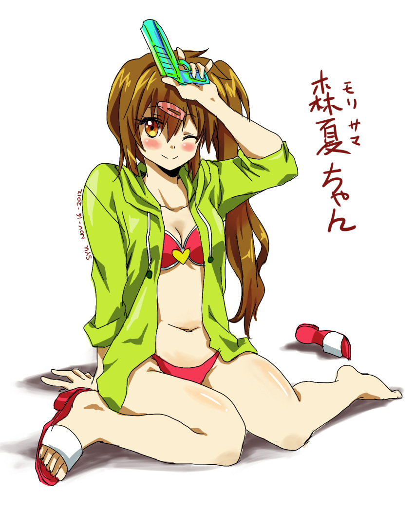 bikini, blush, brown_eyes, brown_hair, chuunibyou_demo_koi_ga_shitai!, highres, hoodie, long_hair