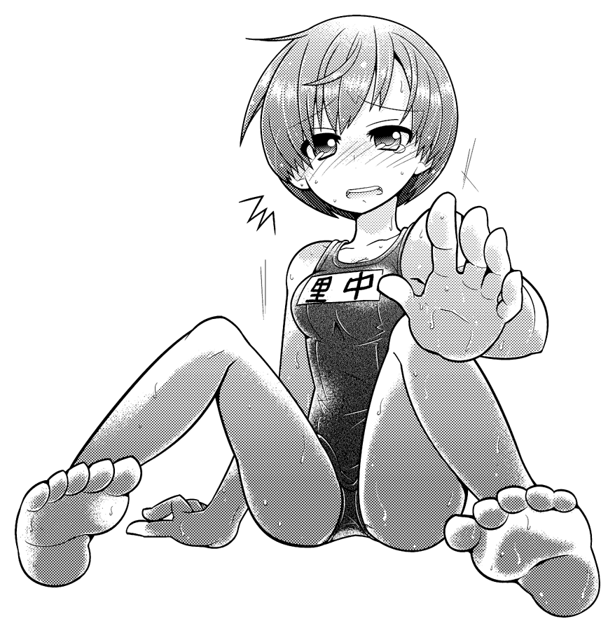 1girl, barefoot, blush, female, monochrome, one-piece_swimsuit, open_mouth, persona, persona_4, sakai_sachi, satonaka_chie, school_swimsuit, short_hair, simple_background, solo, swimsuit, white_background