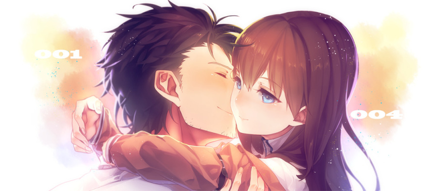 1girl, arms_around_neck, black_hair, blue_eyes, blush, brown_hair, closed_eyes, couple
