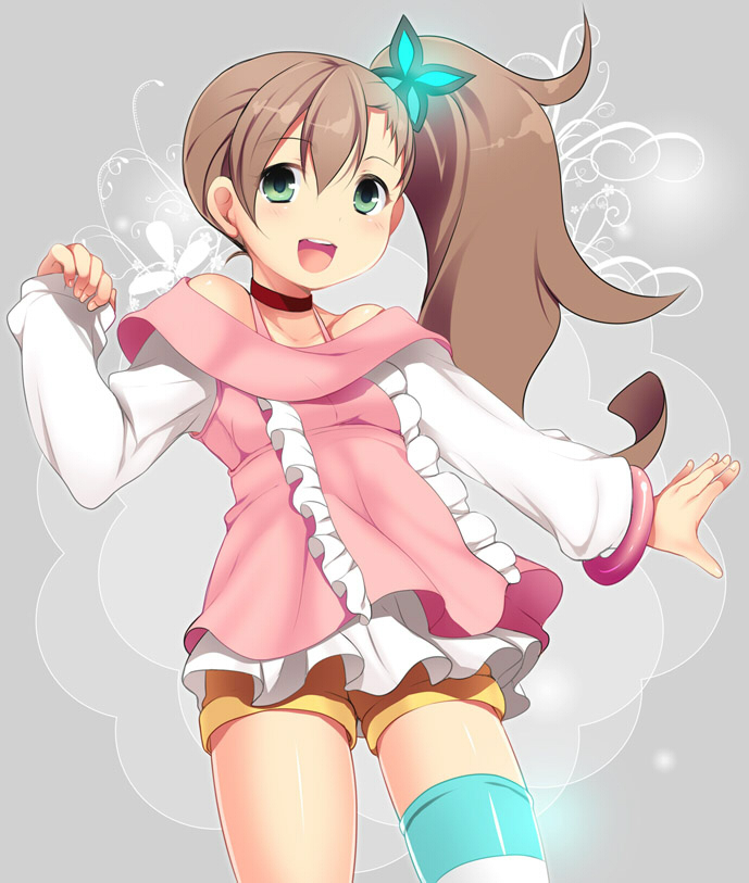 bare_shoulders, brown_hair, butterfly_hair_ornament, choker, chousoku_henkei_gyrozetter, glowing, green_eyes, hair_ornament