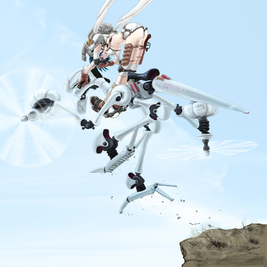 bittersweet6968, cliff, highres, jumping, mecha, original, propeller, short_hair
