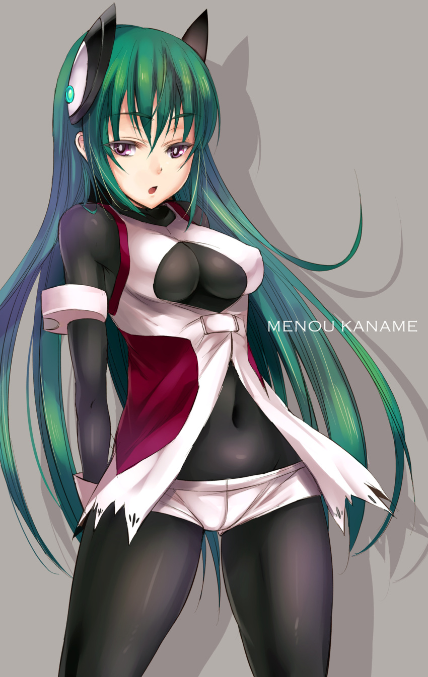 :o, bodysuit, breasts, clothed_navel, fukai_ryousuke, green_hair, grey_background, hair_ornament