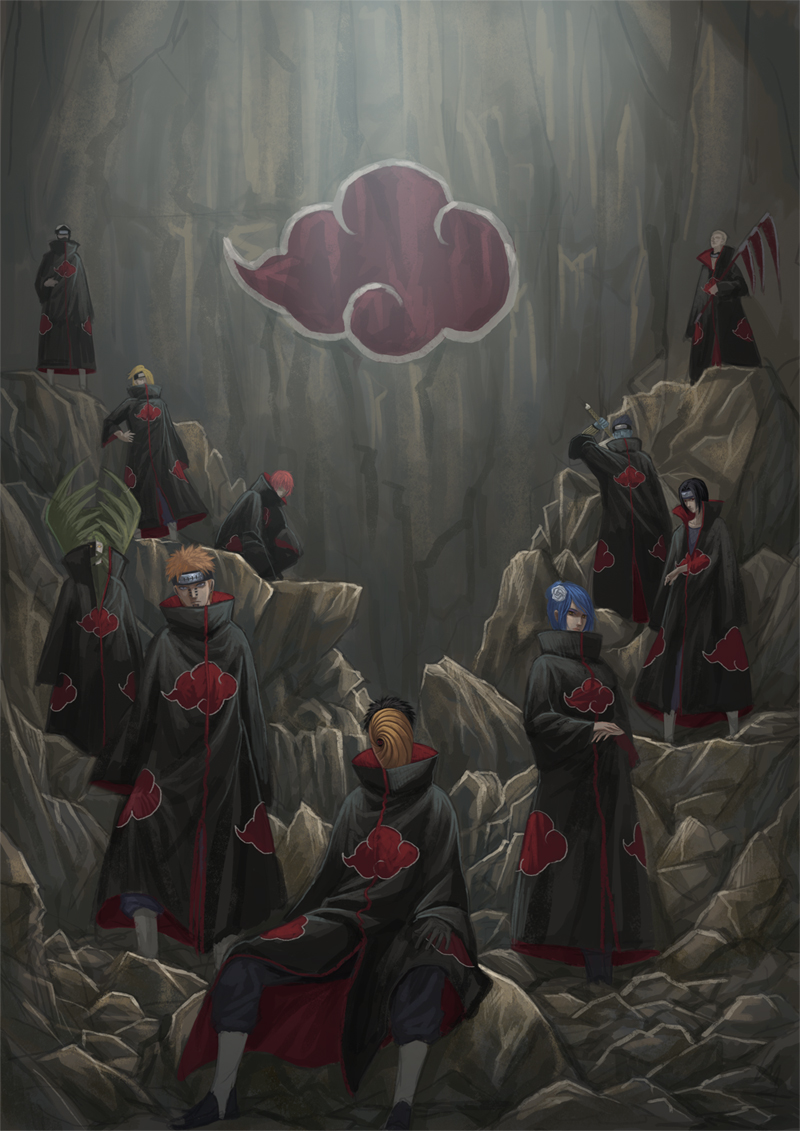6+boys, akatsuki_(naruto), appleseed_(pixiv), black_hair, blonde_hair, blue_hair, blue_skin, cloud
