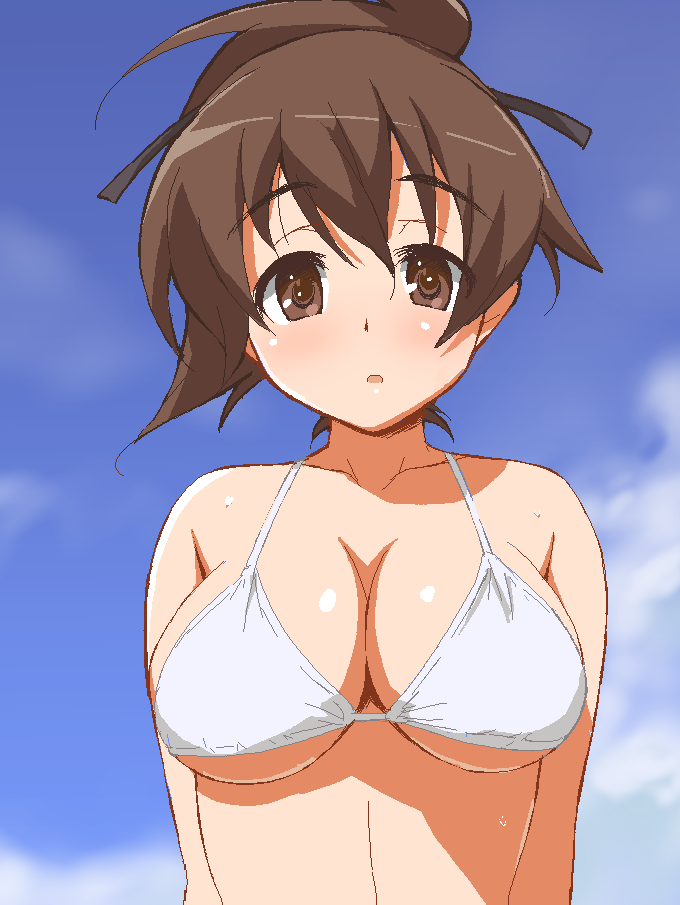 9law, bikini, breasts, brown_eyes, brown_hair, cloud, clouds, girls_und_panzer