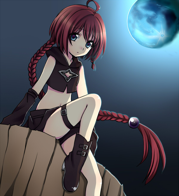 blue_eyes, braid, kurosaki_mea, long_hair, mari_ayame, midriff, moon, red_hair