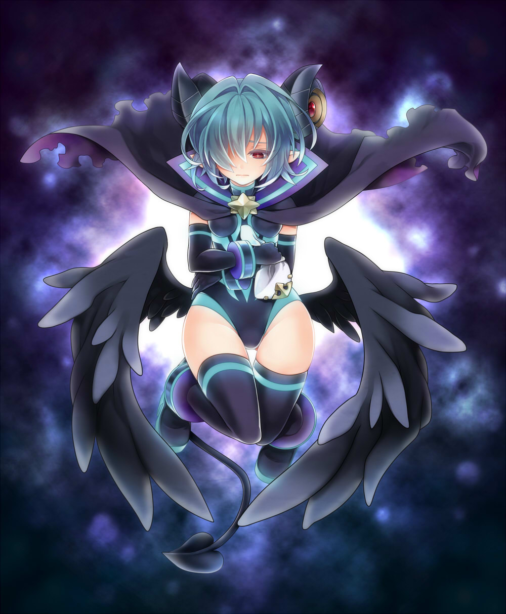 arcana_trust, black_legwear, blue_hair, cape, demon_horns, demon_tail, elbow_gloves, gloves