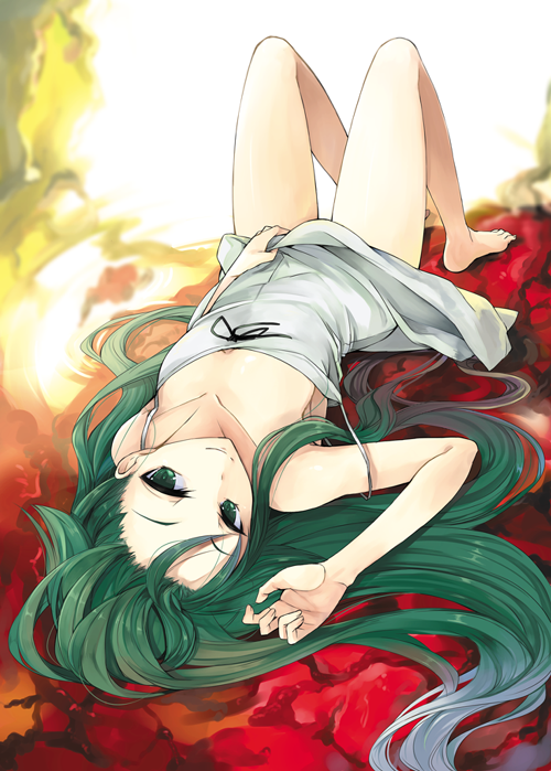 arm_up, armpits, bangs, barefoot, blood, down_blouse, dress, dress_lift