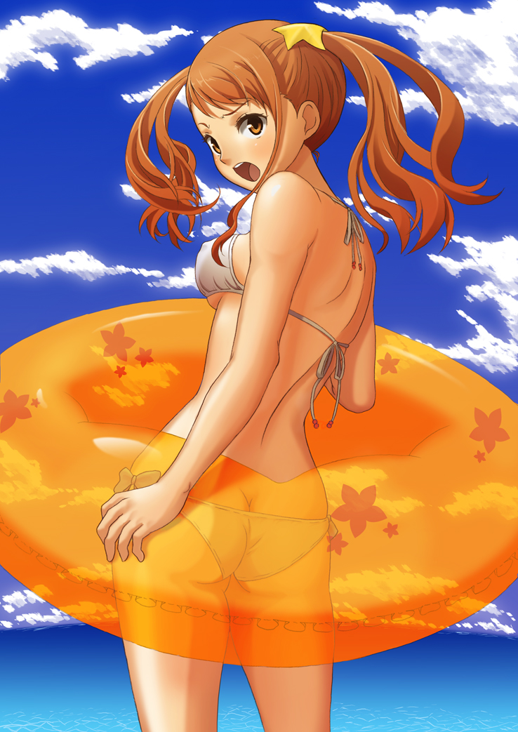 anjou_naruko, ano_hi_mita_hana_no_namae_wo_bokutachi_wa_mada_shiranai, ass, bikini, brown_eyes, brown_hair, butt_crack, cloud