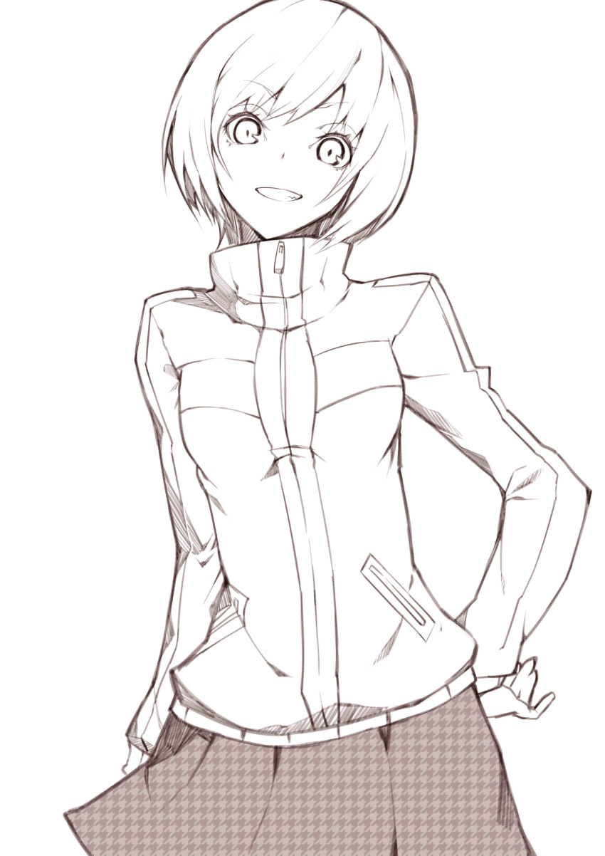 absurdres, grin, hand_on_hip, highres, looking_at_viewer, monochrome, persona, persona_4, satonaka_chie, school_uniform, short_hair, sketch, skirt, smile, solo, sukocchi, track_jacket
