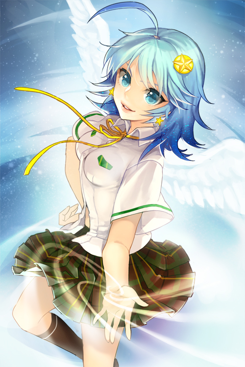 angel_wings, black_legwear, blue_eyes, blue_hair, ddongu, gart, hair_ornament, hairpin, hand_on_hip, impossible_clothes, kneehighs, leg_up, open_mouth, outstretched_arm, plaid, plaid_skirt, pleated_skirt, ribbon, school_uniform, short_hair, skirt, smile, standing, sword_girls, wings