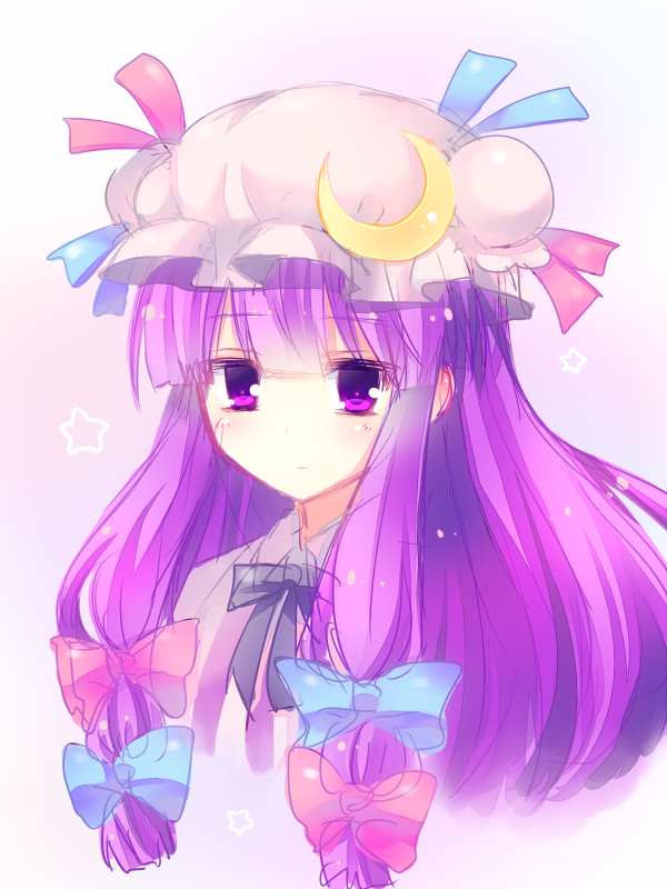bow, bust, crescent, hair_bow, hat, long_hair, matsunon_(artist), patchouli_knowledge