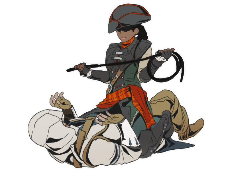 1girl, assassin's_creed_iii, assassin's_creed_iii, aveline_de_grandpre, belt, connor_kenway, dark_skin, femdom