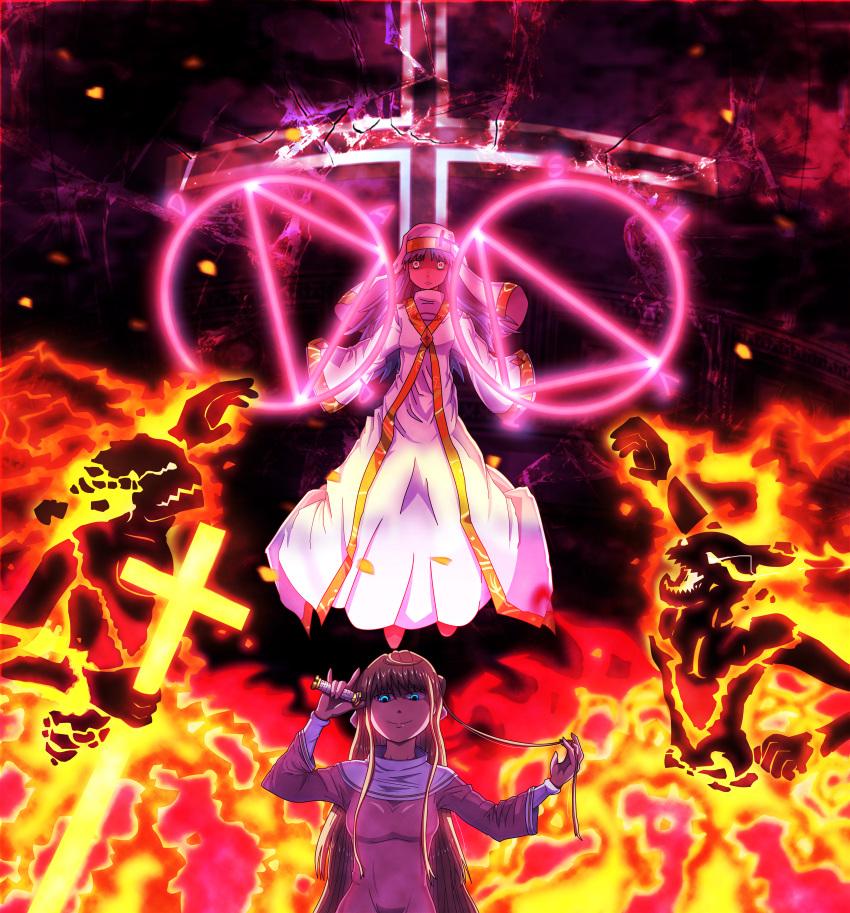 absurdres, blonde_hair, blue_eyes, cross, fire, gazing_eye, glowing, glowing_eyes