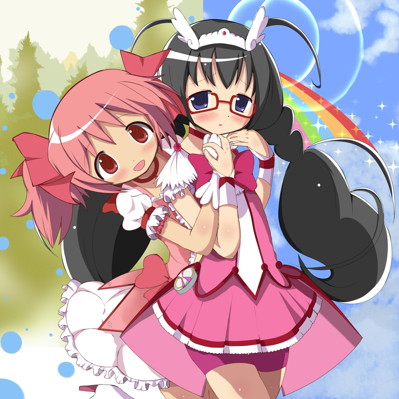 2girls, akemi_homura, bike_shorts, black_hair, blush, bowtie, choker, cosplay