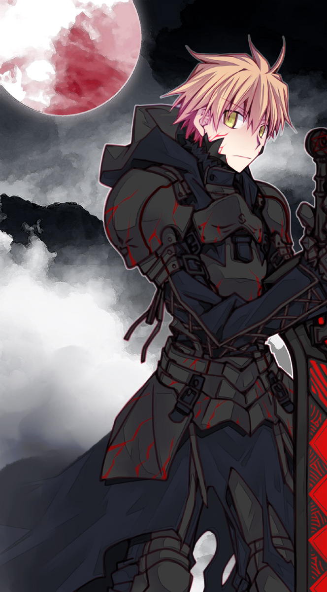 armor, blonde_hair, dark_excalibur, dark_persona, excalibur_(fate/prototype), fate/prototype, fate_(series), full_moon, genderswap, highres, moon, nesu, red_moon, saber, saber_(fate/prototype), saber_alter, solo, sword, weapon, yellow_eyes