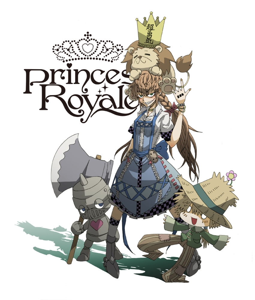 axe, brown_eyes, cowardly_lion, crown, dorothy_gale, green_eyes, grin, highres