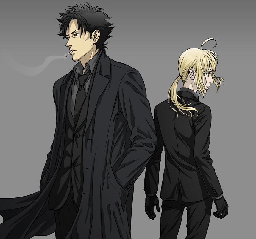 1girl, ahoge, black_eyes, black_gloves, black_hair, blonde_hair, cigarette, claptrack, emiya_kiritsugu, facial_hair, fate/zero, fate_(series), formal, gloves, long_hair, pant_suit, ponytail, reverse_trap, saber, stubble, suit