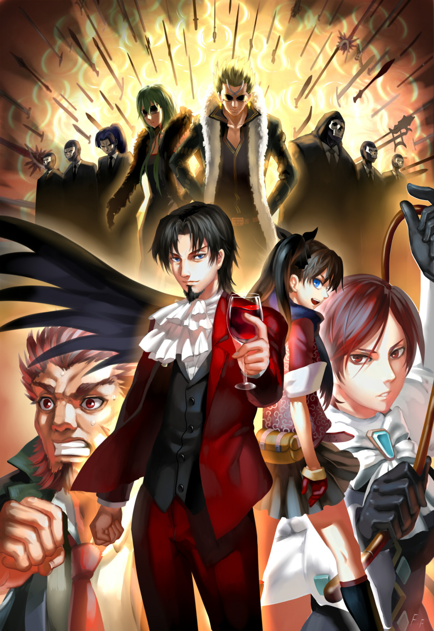 beard, black_hair, blonde_hair, blue_eyes, blue_hair, brown_hair, cosplay, cravat