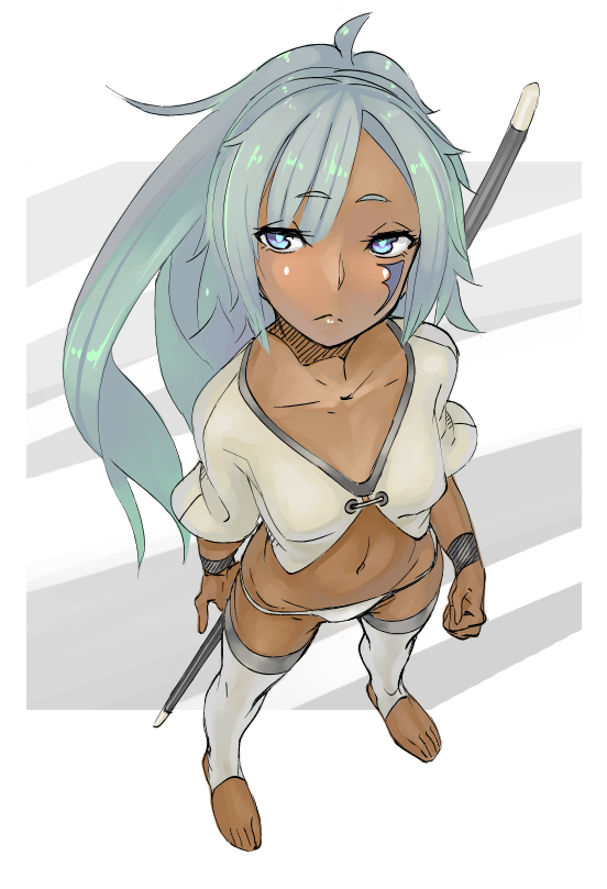 barefoot, blue_eyes, blue_hair, copyright_request, dark_skin, facial_mark, foreshortening, from_above