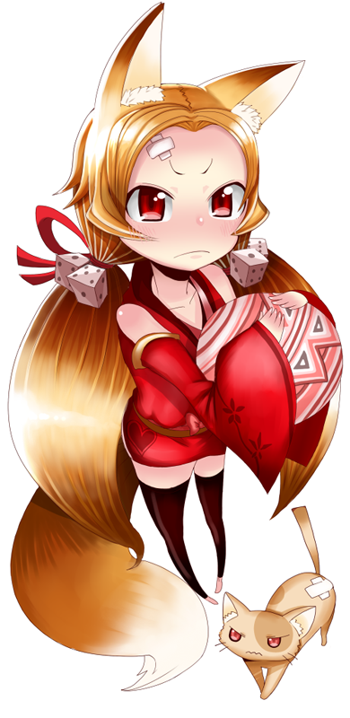 >:(, animal_ears, bandages, blush, brown_hair, cat, dice, fox_ears