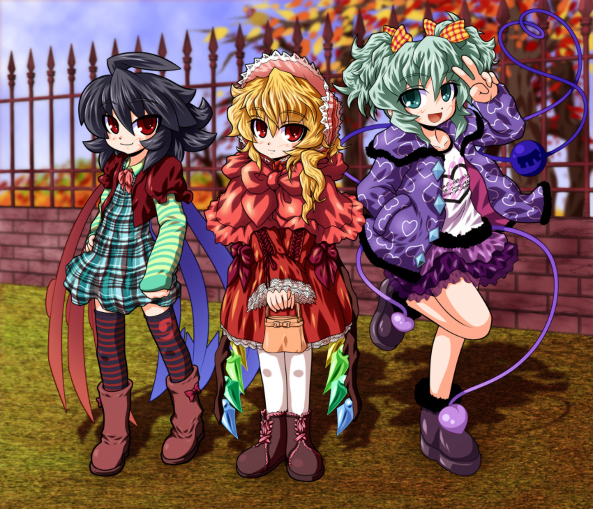 alternate_costume, alternate_hairstyle, asymmetrical_wings, bag, black_hair, black_legwear, blonde_hair, blush