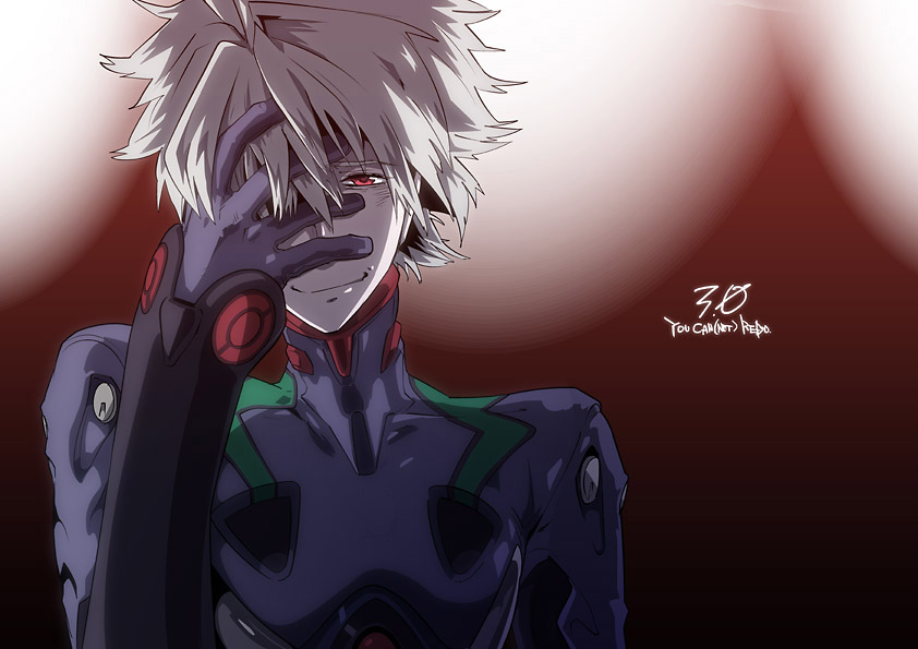 evangelion:_3.0_you_can_(not)_redo, grey_hair, hand_on_own_face, male, nagisa_kaworu, neon_genesis_evangelion, plugsuit, rebuild_of_evangelion