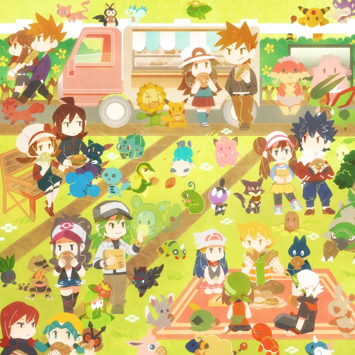 6+girls, aipom, ampharos, audino, baseball_cap, beanie, blue_(pokemon), blue_(pokemon)_(classic)