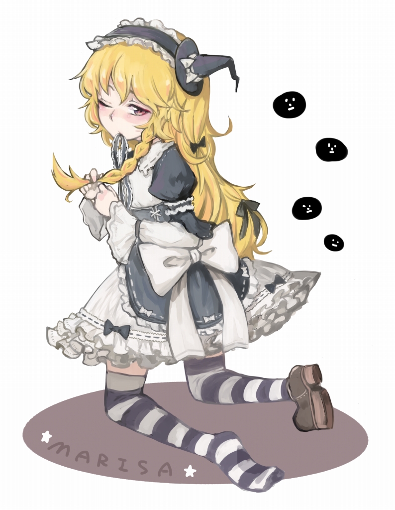 alternate_costume, blonde_hair, blush, bow, braid, dress, frills, gothic_lolita