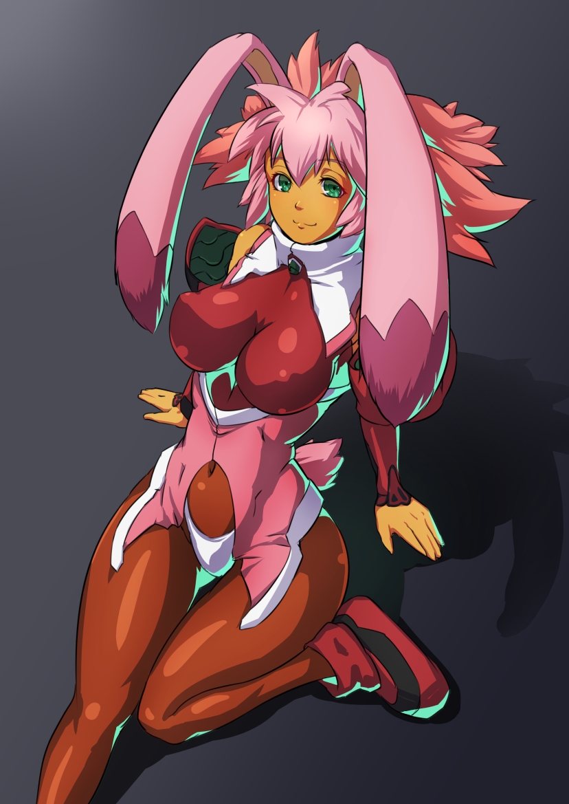animal_ears, bodysuit, breasts, brown_legwear, bunny_ears, clothed_navel, green_eyes, grey_background