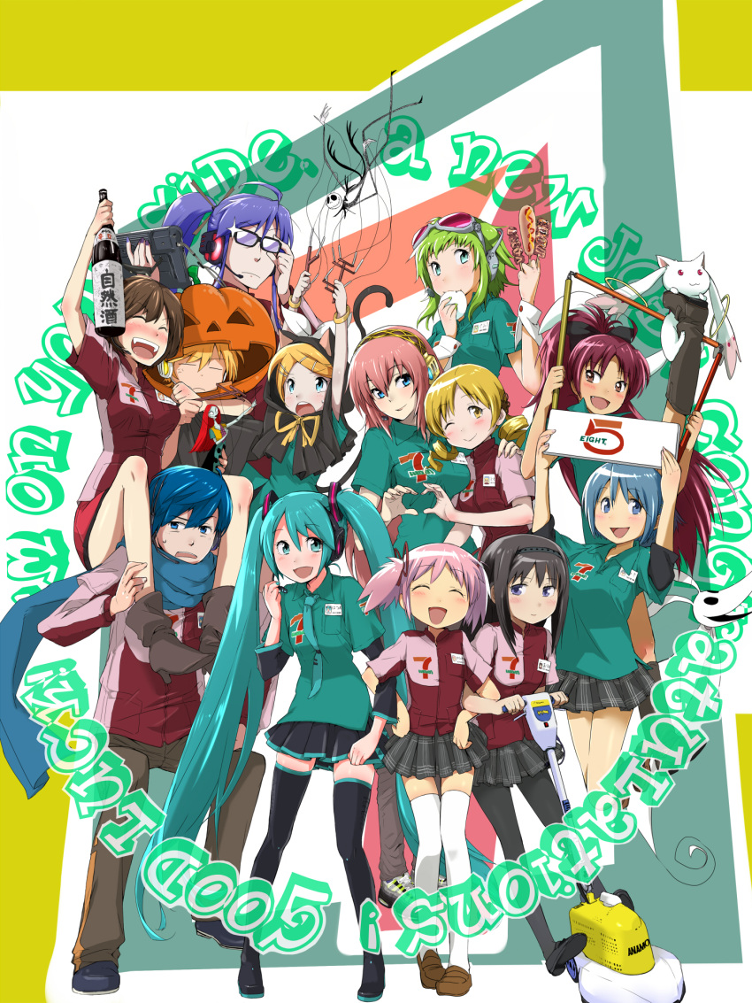 6+girls, 7-eleven, adjusting_glasses, akemi_homura, aqua_eyes, aqua_hair, arms_up, black_hair