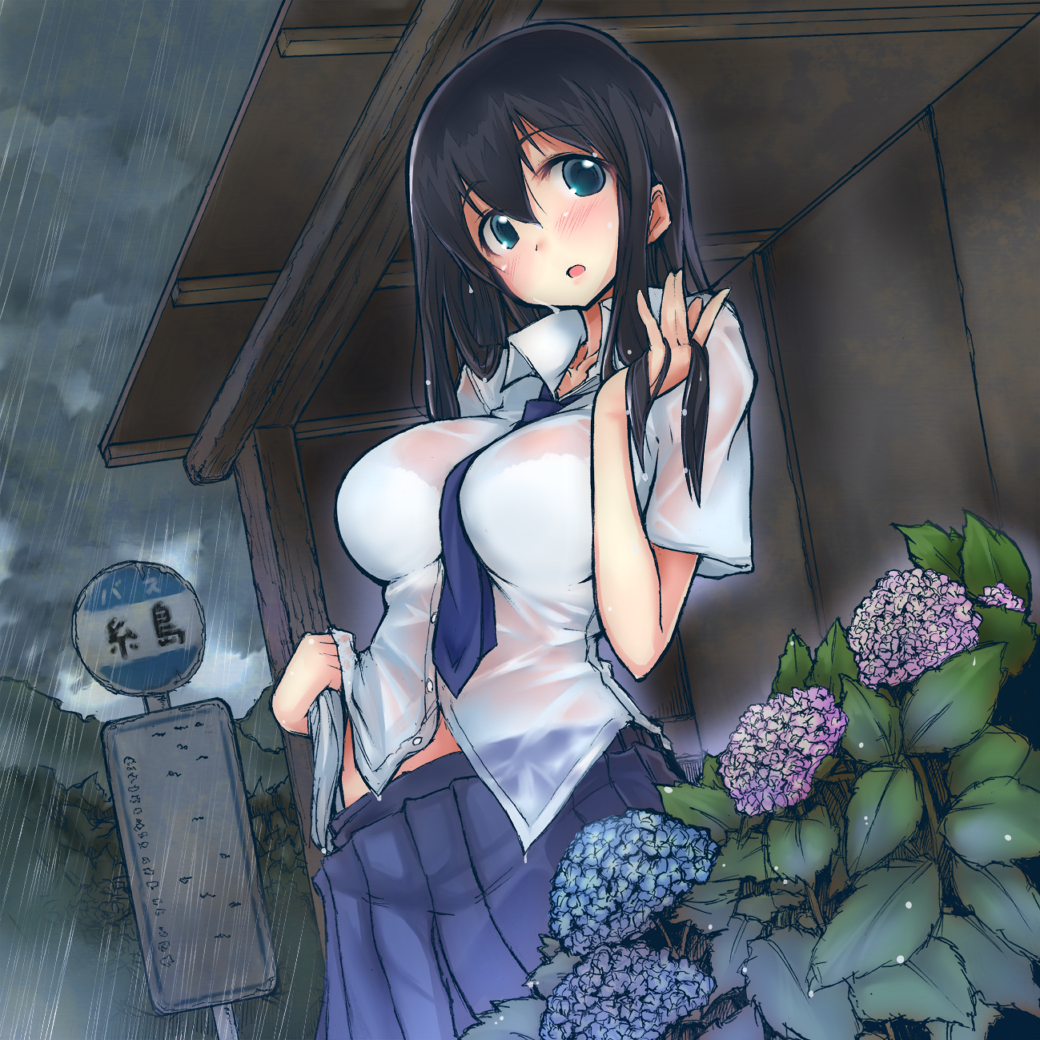 black_hair, blue_eyes, blush, bra, breasts, bus_stop, cloudy_sky, do_(taka)