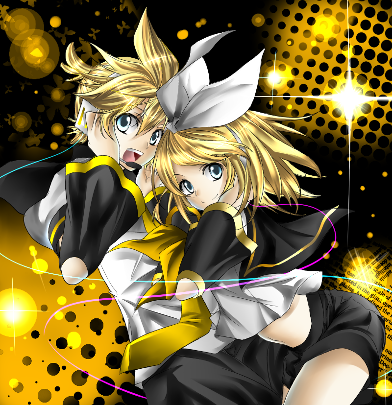 blue_eyes, colored, hair_ribbon, headphones, headset, kagamine_len, kagamine_rin, necktie