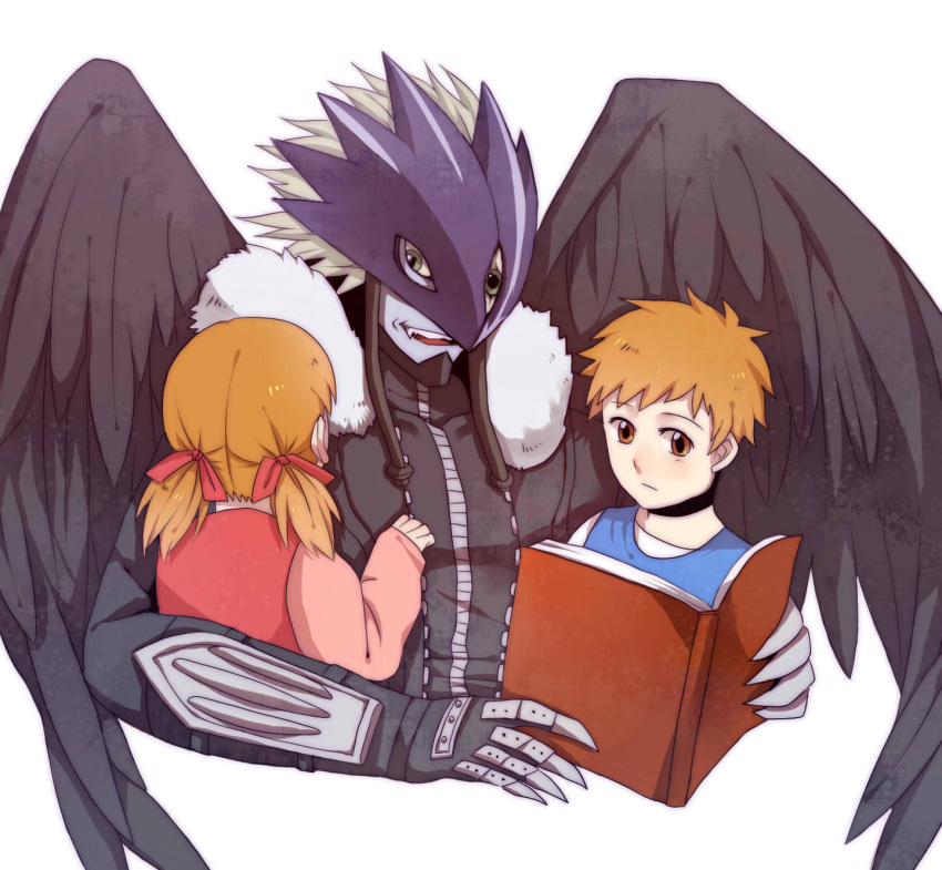 ai_(digimon_tamers), beelzebumon, black_wings, blonde_hair, book, brown_eyes, brown_hair, digimon, digimon_tamers, fur_coat, gauntlets, green_eyes, hair_ribbon, highres, makoto_(digimon_tamers), mask, ribbon, short_hair, third_eye, twintails, wings