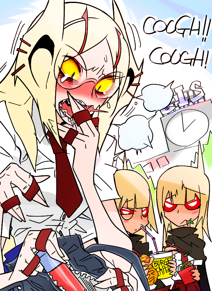 blonde_hair, braces, coughing, eating, extra_arms, food, g=hikorou, genderswap, general_grievous, glasses, hair_ornament, hairclip, inhaler, long_hair, necktie, personification, school_uniform, star_wars, yellow_sclera