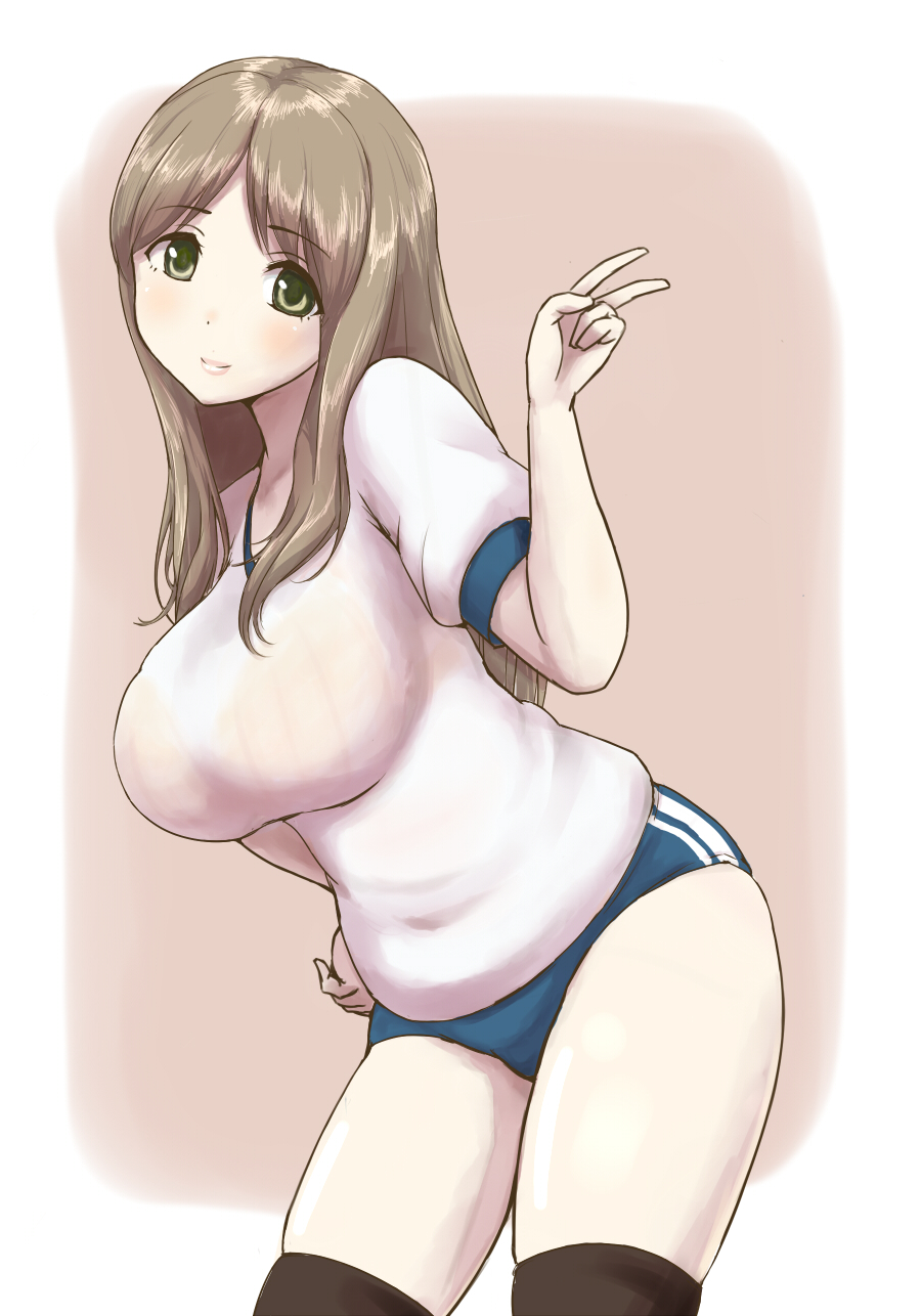 black_legwear, blush, bra, breasts, brown_hair, buruma, gohandesu_yo, green_eyes